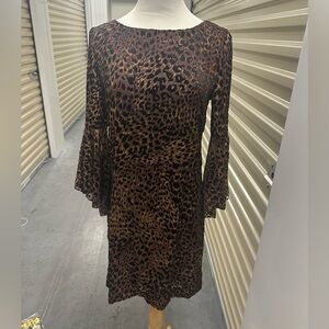 Elie Tahari Esmeralla Brown Leopard Flocked Velvet Long Sleeve Dress